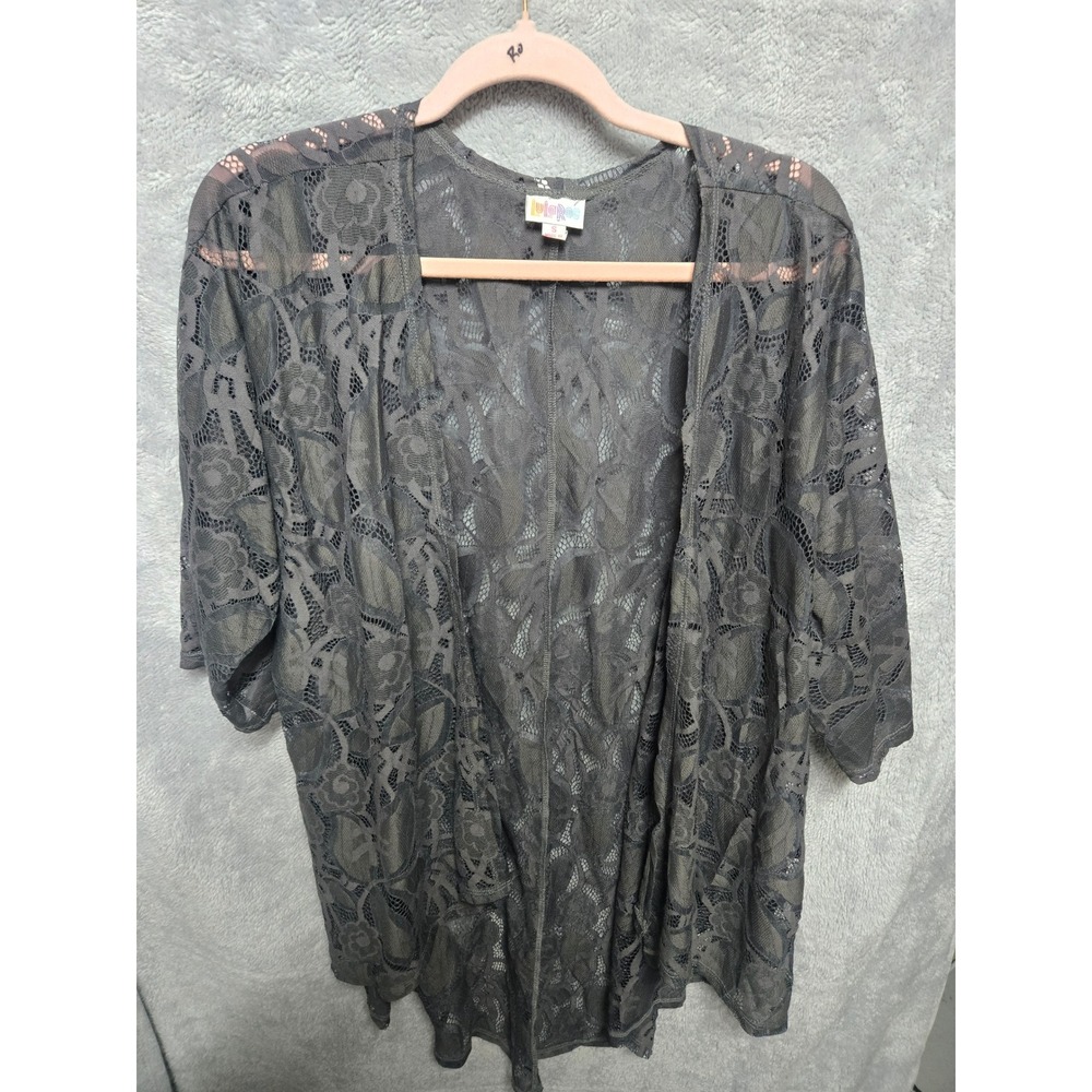 LuLaRoe Joy Vest Small Charcoal Grey Floral Lace Open Front Duster Layering